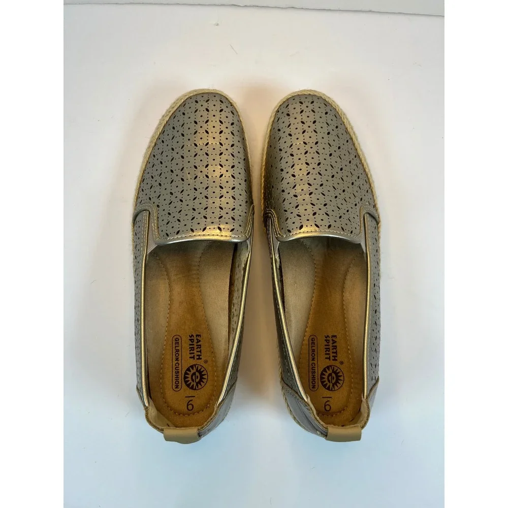 Earth Spirit Womens Gold Metallic Laser Cut Espadrille Slip On Loafers Size 9